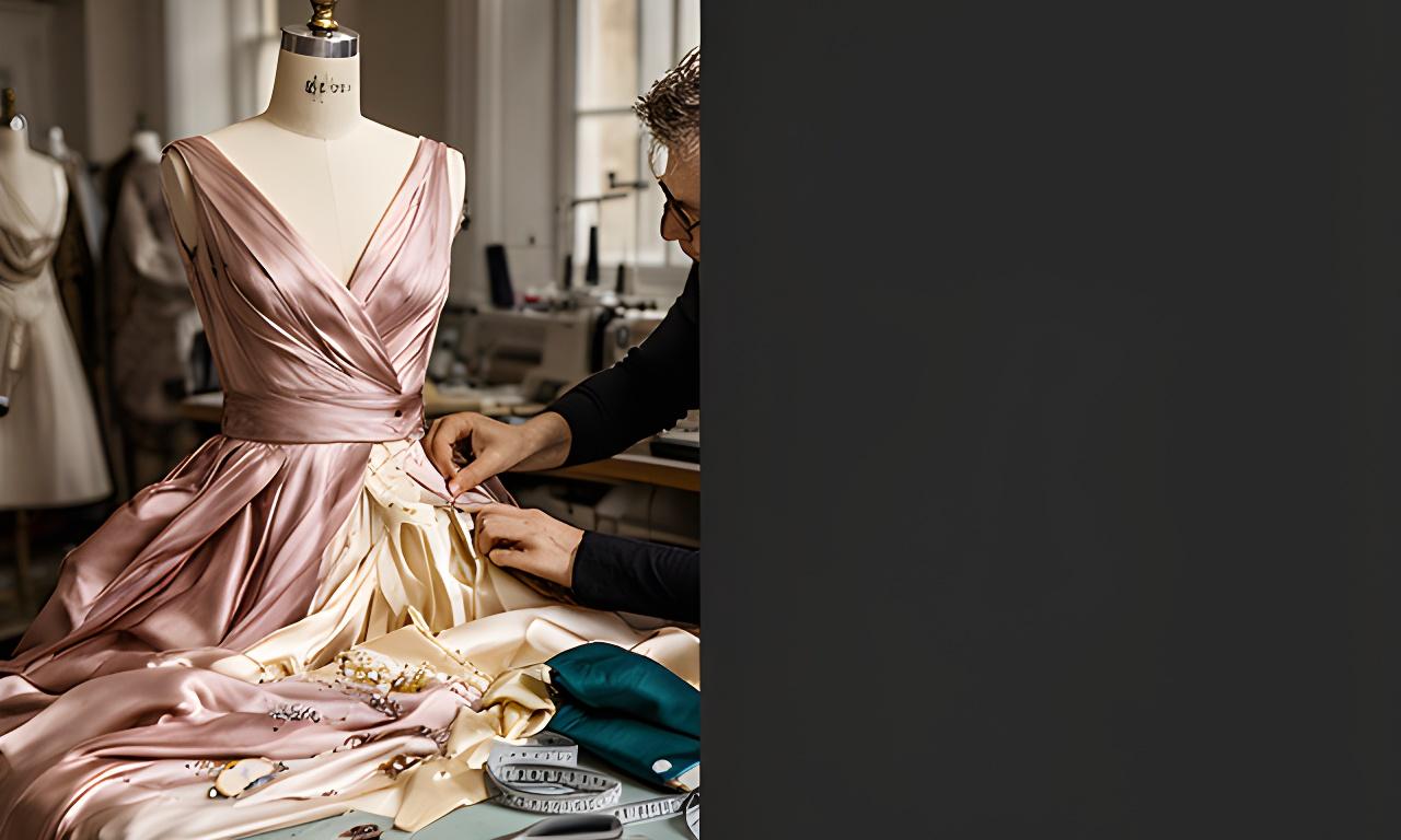 Dressmaker pinning a hand-finished evening gown in a Chester studio
