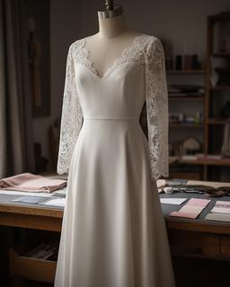 Ivory lace-sleeved bridal gown hanging in a North Wales atelier